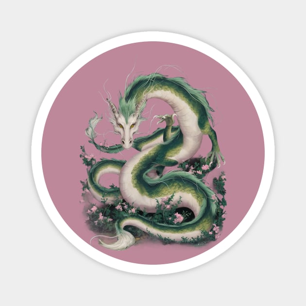 Green Serpentine Dragon Adorned With White and Yellow Accents Magnet by animegirlnft